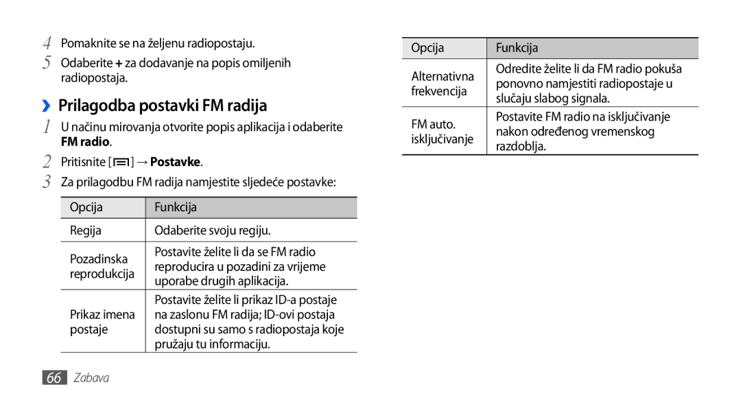 Samsung GT-I5800DKATWO, GT-I5800DKAVIP, GT-I5800DKATRA, GT-I5800DKASEB, GT-I5800DKACRG manual ››Prilagodba postavki FM radija 