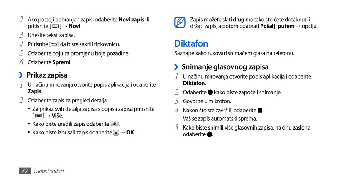 Samsung GT-I5800DKATWO, GT-I5800DKAVIP, GT-I5800DKATRA manual Diktafon, ››Prikaz zapisa, ››Snimanje glasovnog zapisa, → Više 