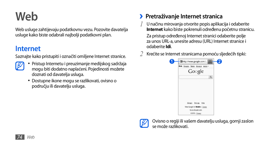 Samsung GT-I5800DKATRA, GT-I5800DKATWO, GT-I5800DKAVIP manual Web, ››Pretraživanje Internet stranica, Odaberite Idi 