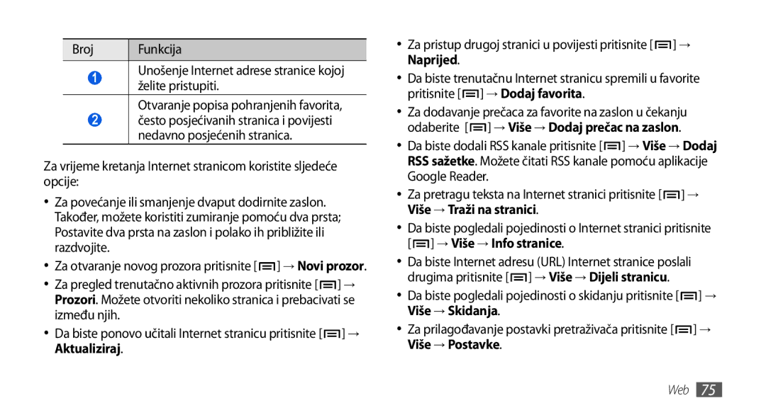 Samsung GT-I5800DKASEB, GT-I5800DKATWO, GT-I5800DKAVIP manual Aktualiziraj, Više → Traži na stranici, Više → Postavke 