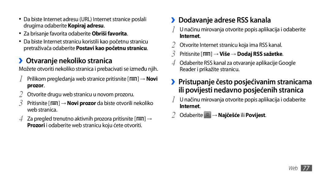 Samsung GT-I5800CWATWO manual ››Otvaranje nekoliko stranica, ››Dodavanje adrese RSS kanala, Prozor, → Najčešće ili Povijest 