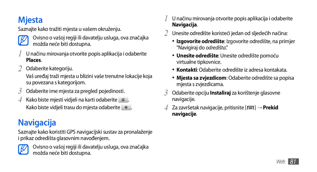 Samsung GT-I5800DKASEB, GT-I5800DKATWO, GT-I5800DKAVIP, GT-I5800DKATRA, GT-I5800DKACRG, GT-I5800CWATWO manual Mjesta, Navigacija 