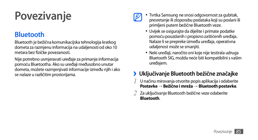 Samsung GT-I5800DKAVIP, GT-I5800DKATWO, GT-I5800DKATRA manual Povezivanje, ››Uključivanje Bluetooth bežične značajke 