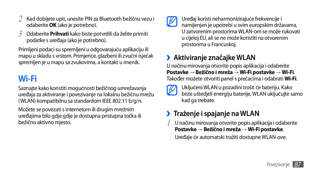 Samsung GT-I5800DKASEB, GT-I5800DKATWO, GT-I5800DKAVIP Wi-Fi, ››Aktiviranje značajke Wlan, ››Traženje i spajanje na Wlan 