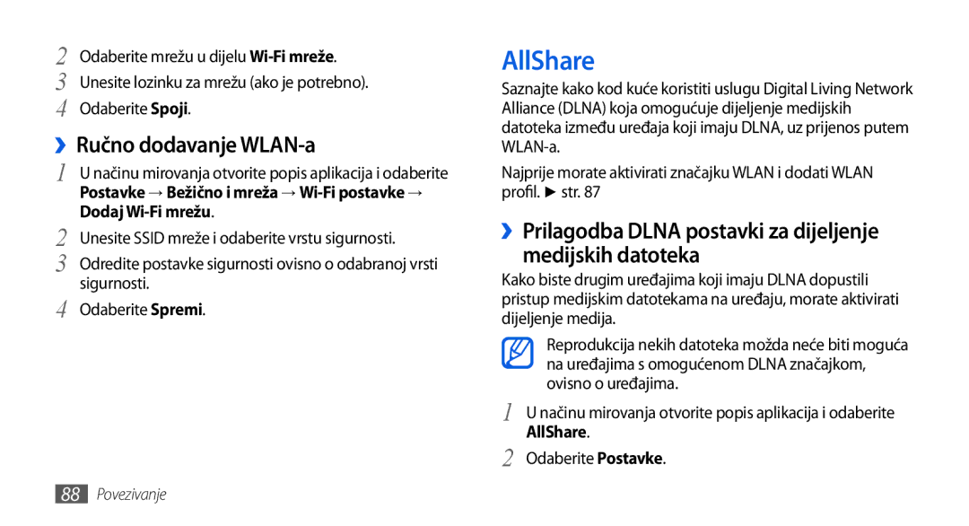 Samsung GT-I5800DKACRG AllShare, ››Ručno dodavanje WLAN-a, ››Prilagodba Dlna postavki za dijeljenje medijskih datoteka 