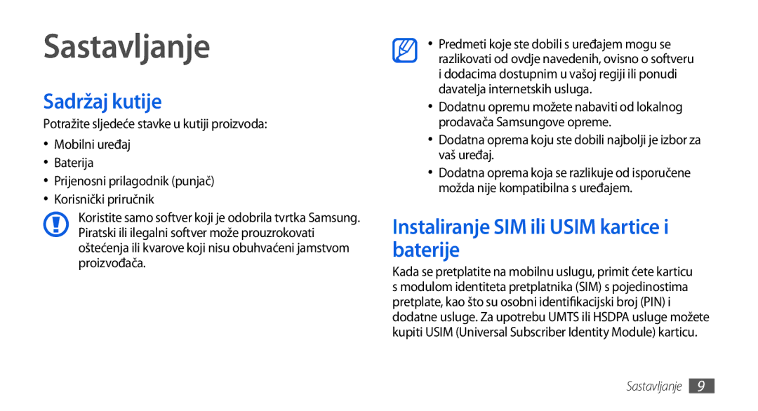 Samsung GT-I5800DKASEB, GT-I5800DKATWO manual Sastavljanje, Sadržaj kutije, Instaliranje SIM ili Usim kartice i baterije 