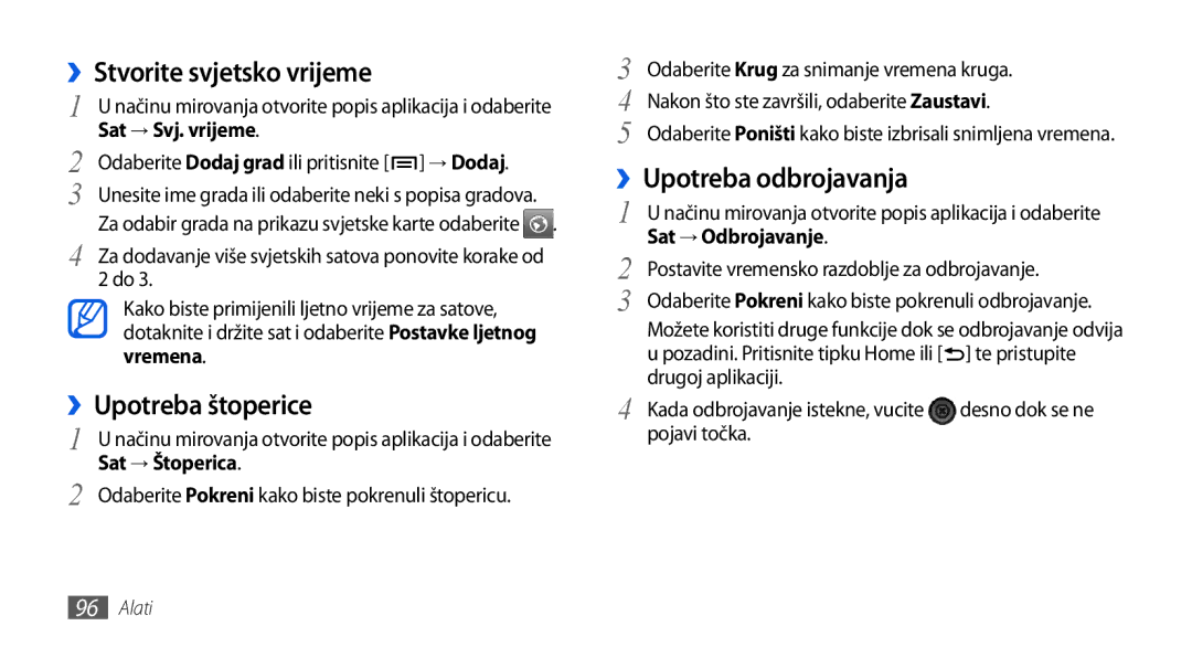 Samsung GT-I5800DKATWO, GT-I5800DKAVIP manual ››Stvorite svjetsko vrijeme, ››Upotreba štoperice, ››Upotreba odbrojavanja 