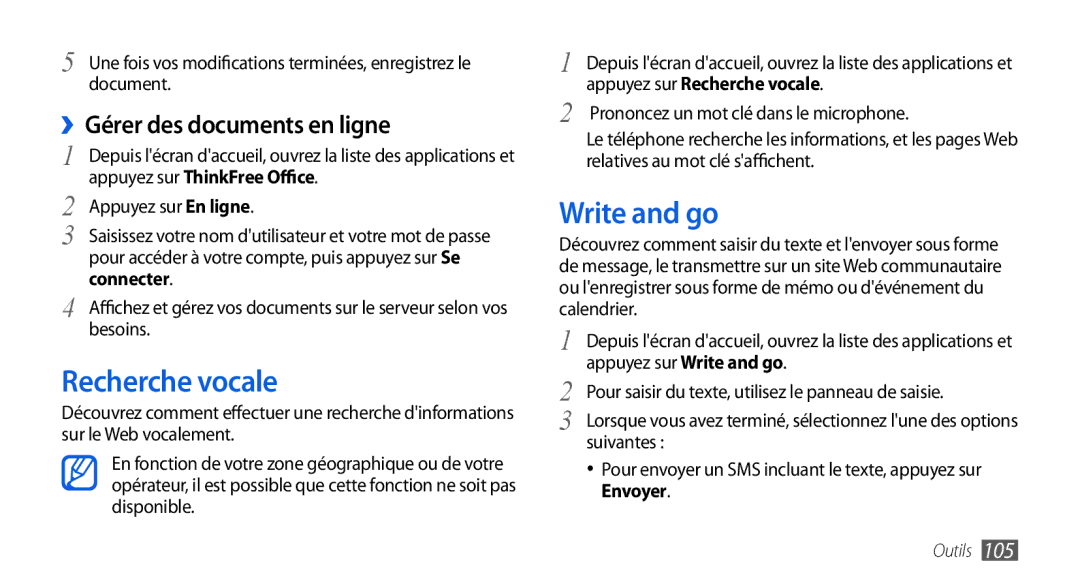 Samsung GT-I5800DKAVGF, GT-I5800DKASFR, GT-I5800YRKBOG manual Recherche vocale, Write and go, ››Gérer des documents en ligne 