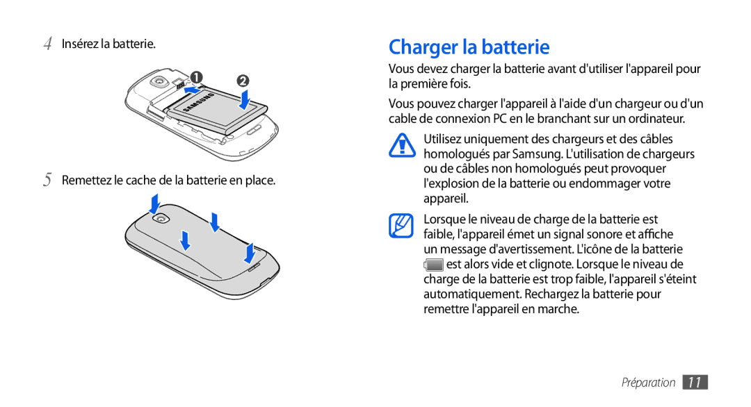 Samsung GT-I5800DKASFR, GT-I5800DKAVGF, GT-I5800YRKBOG, GT-I5800DKAXEF, GT-I5800DKABOG manual Charger la batterie 