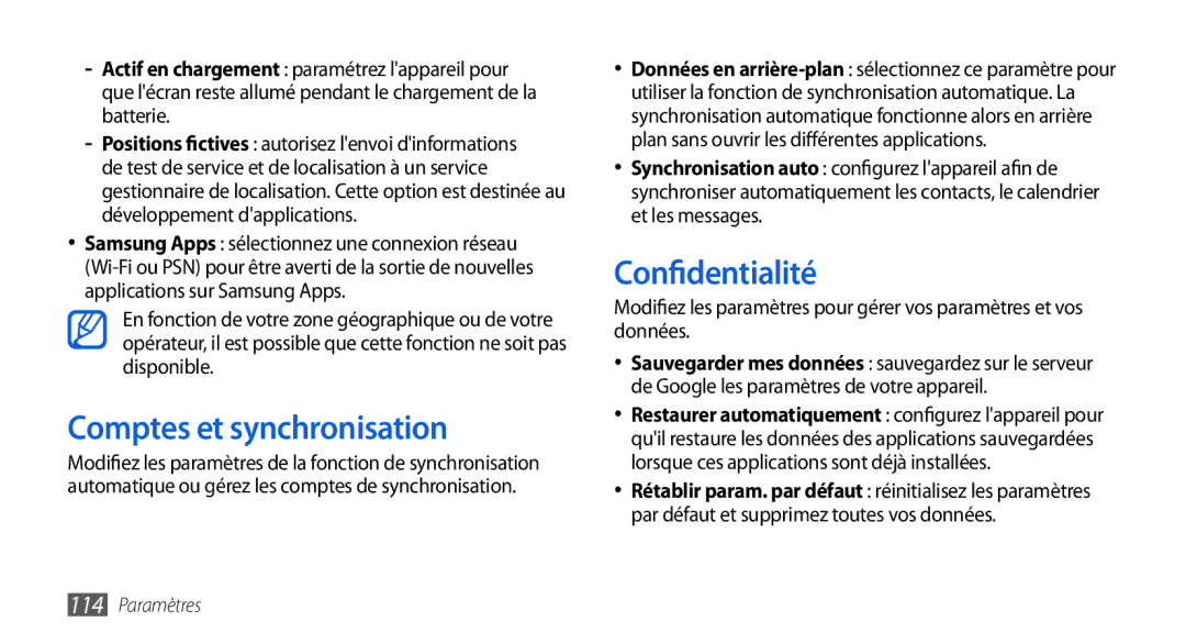 Samsung GT-I5800DKABOG, GT-I5800DKAVGF, GT-I5800DKASFR, GT-I5800YRKBOG manual Comptes et synchronisation, Confidentialité 