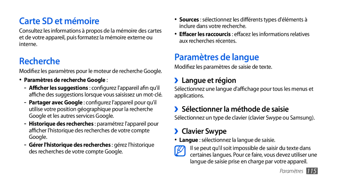 Samsung GT-I5800DKAVGF Carte SD et mémoire, Paramètres de langue, ››Langue et région, ››Sélectionner la méthode de saisie 