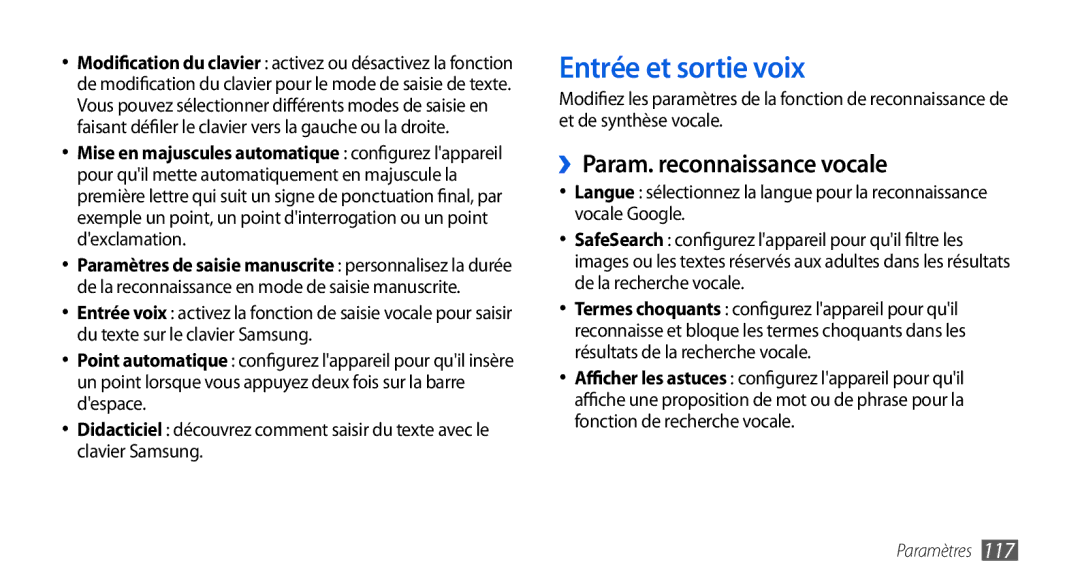 Samsung GT-I5800YRKBOG, GT-I5800DKAVGF, GT-I5800DKASFR, GT-I5800DKAXEF Entrée et sortie voix, ››Param. reconnaissance vocale 