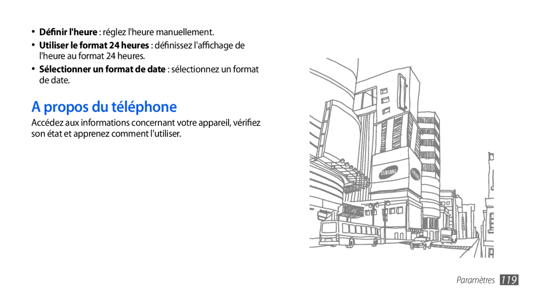 Samsung GT-I5800DKABOG, GT-I5800DKAVGF, GT-I5800DKASFR manual Propos du téléphone, Définir lheure réglez lheure manuellement 