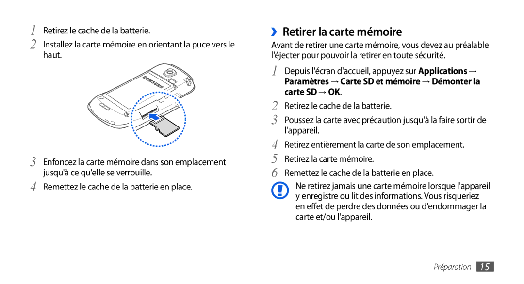 Samsung GT-I5800DKAVGF, GT-I5800DKASFR, GT-I5800YRKBOG, GT-I5800DKAXEF manual ››Retirer la carte mémoire, Carte SD → OK 