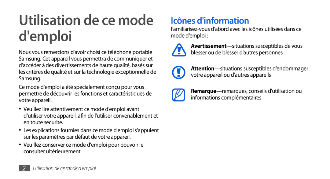 Samsung GT-I5800YRKBOG, GT-I5800DKAVGF, GT-I5800DKASFR, GT-I5800DKAXEF Utilisation de ce mode demploi, Icônes dinformation 