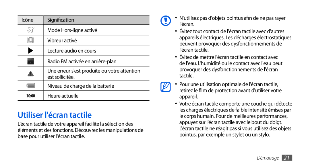 Samsung GT-I5800DKASFR manual Utiliser lécran tactile, Est sollicitée, Niveau de charge de la batterie, Heure actuelle 