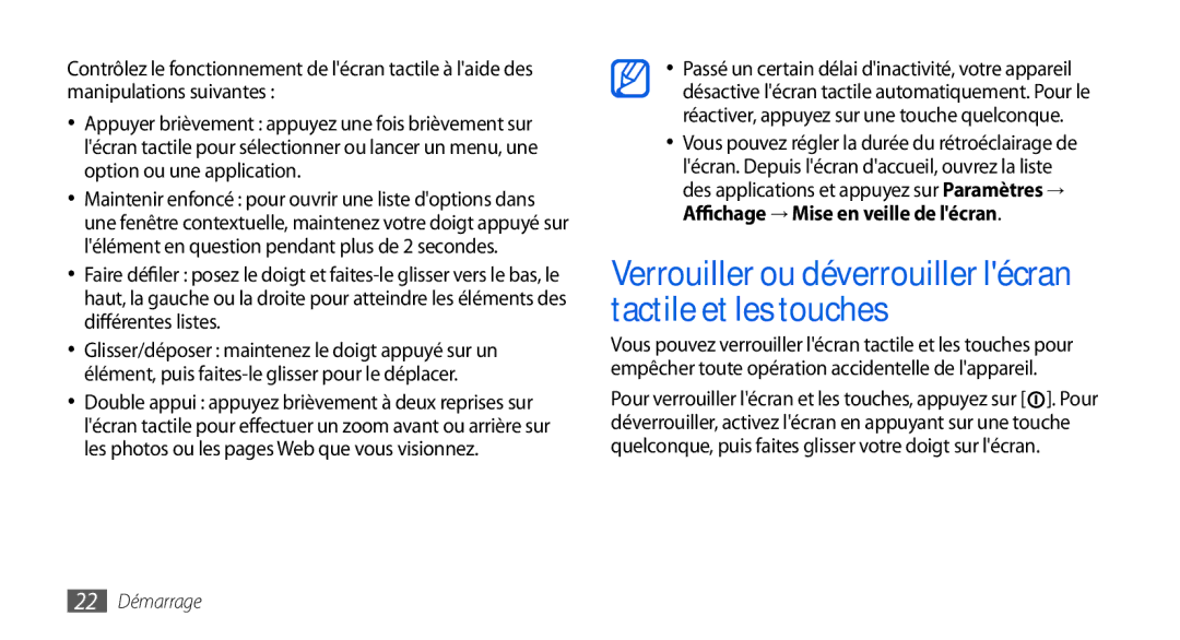 Samsung GT-I5800YRKBOG, GT-I5800DKAVGF, GT-I5800DKASFR manual Verrouiller ou déverrouiller lécran tactile et les touches 