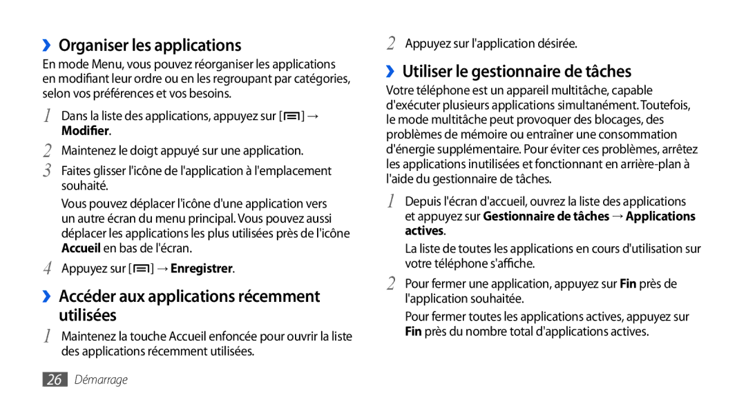 Samsung GT-I5800DKASFR manual ››Organiser les applications, Utilisées, ››Utiliser le gestionnaire de tâches, Modifier 