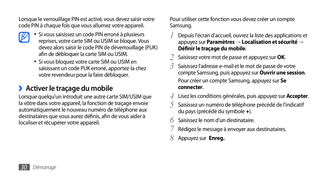 Samsung GT-I5800DKAVGF, GT-I5800DKASFR manual ››Activer le traçage du mobile, Définir le traçage du mobile, Connecter 