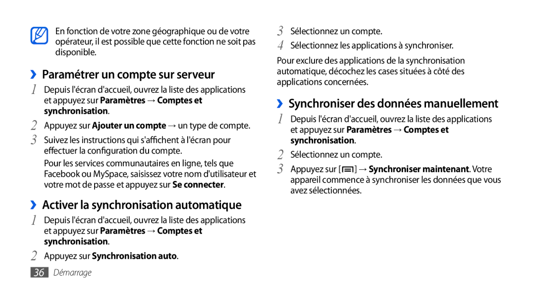 Samsung GT-I5800DKASFR, GT-I5800DKAVGF manual ››Paramétrer un compte sur serveur, ››Activer la synchronisation automatique 