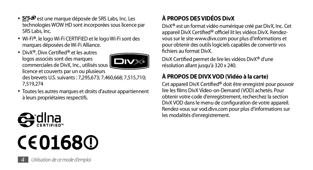 Samsung GT-I5800DKABOG, GT-I5800DKAVGF, GT-I5800DKASFR manual Propos DES Vidéos DivX, Propos DE Divx VOD Vidéo à la carte 