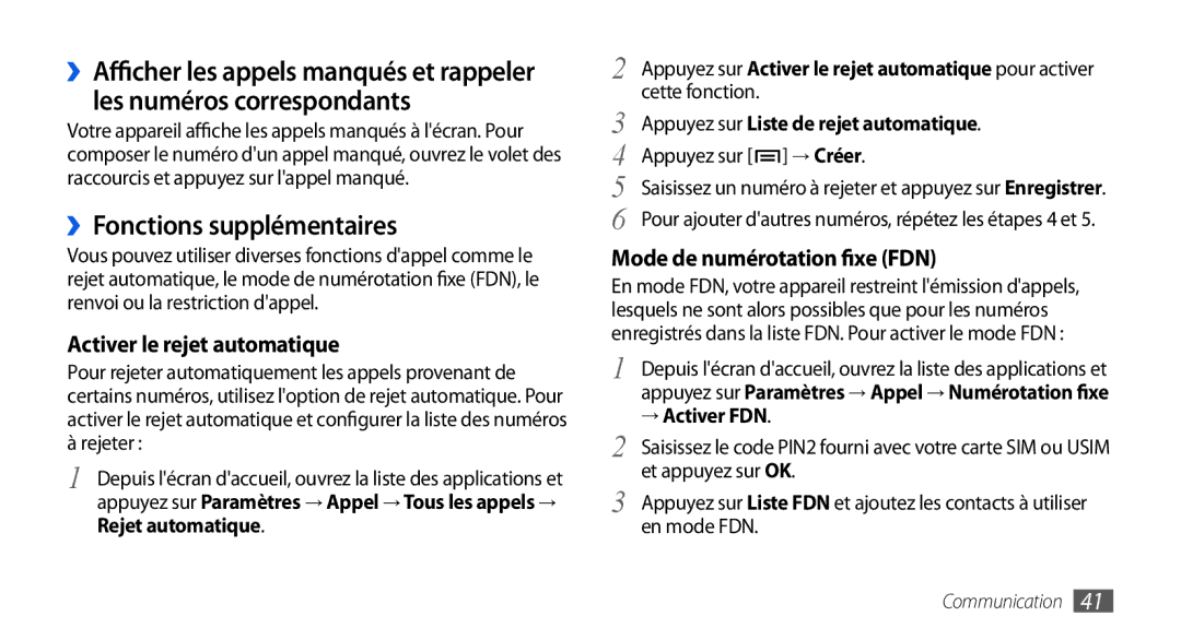 Samsung GT-I5800DKASFR manual ››Fonctions supplémentaires, Activer le rejet automatique, Mode de numérotation fixe FDN 