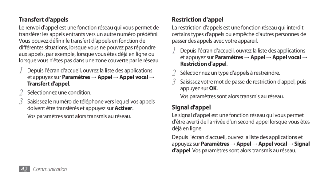Samsung GT-I5800YRKBOG, GT-I5800DKAVGF, GT-I5800DKASFR, GT-I5800DKAXEF Transfert dappels, Restriction dappel, Signal dappel 