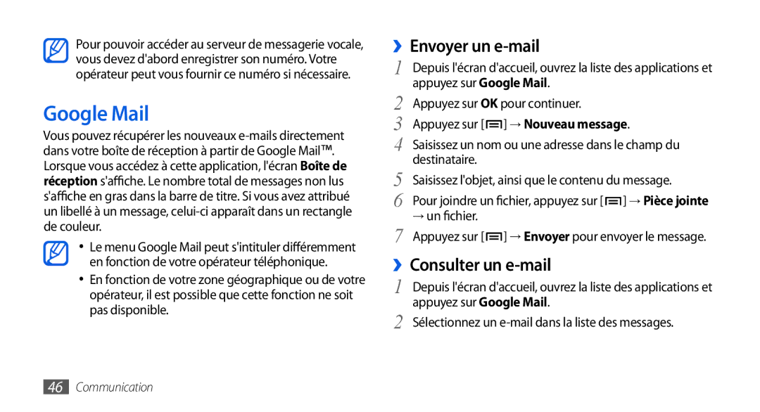 Samsung GT-I5800DKASFR, GT-I5800DKAVGF, GT-I5800YRKBOG manual Google Mail, ››Envoyer un e-mail, ››Consulter un e-mail 