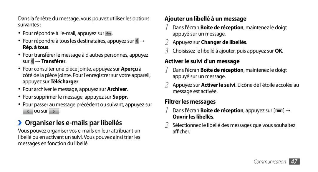 Samsung GT-I5800YRKBOG ››Organiser les e-mails par libellés, Ajouter un libellé à un message, Activer le suivi dun message 