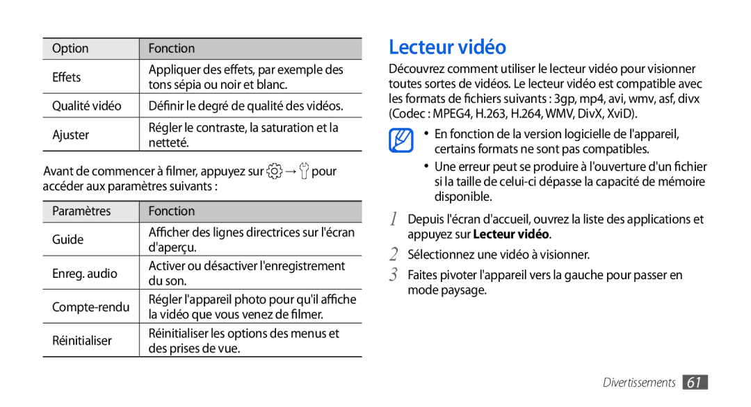 Samsung GT-I5800DKASFR manual Lecteur vidéo, Qualité vidéo, Enreg. audio, Du son, La vidéo que vous venez de filmer 