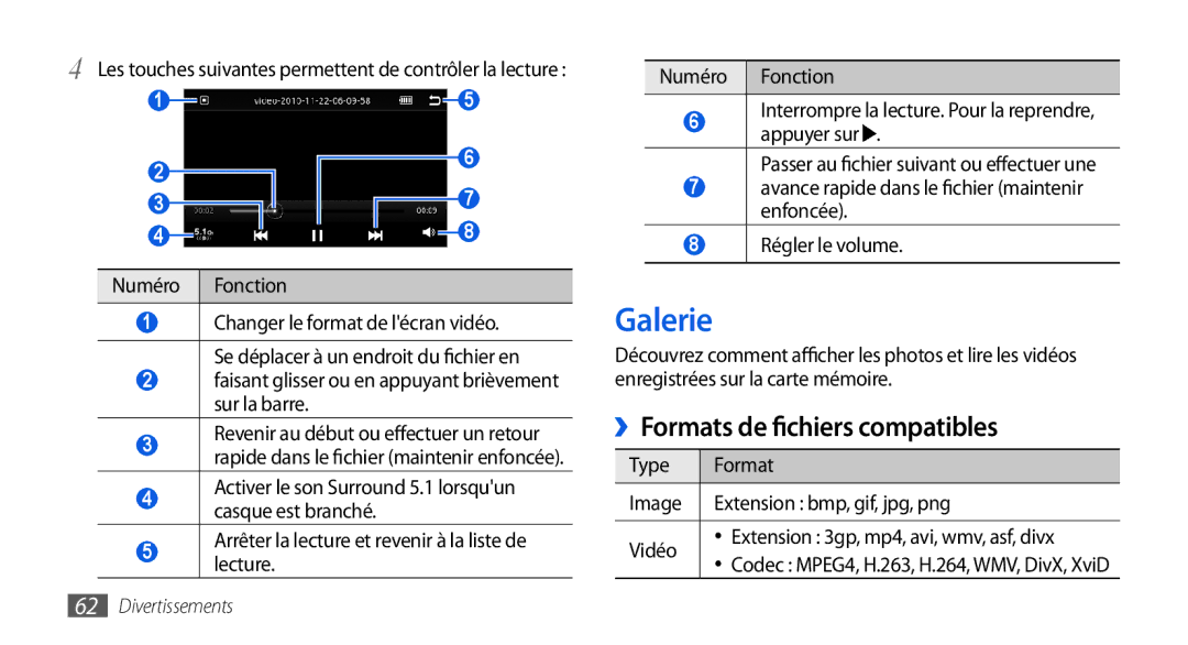 Samsung GT-I5800YRKBOG Galerie, ››Formats de fichiers compatibles, Faisant glisser ou en appuyant brièvement sur la barre 