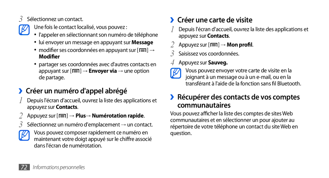 Samsung GT-I5800YRKBOG, GT-I5800DKAVGF ››Créer un numéro dappel abrégé, ››Créer une carte de visite, Appuyez sur Sauveg 