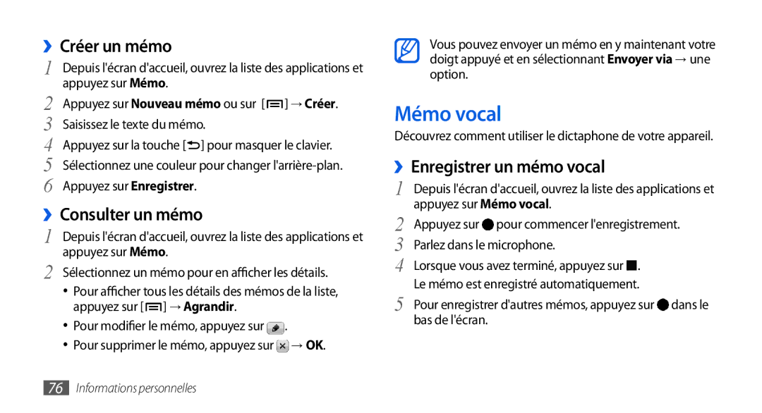 Samsung GT-I5800DKASFR, GT-I5800DKAVGF manual Mémo vocal, ››Créer un mémo, ››Consulter un mémo, ››Enregistrer un mémo vocal 