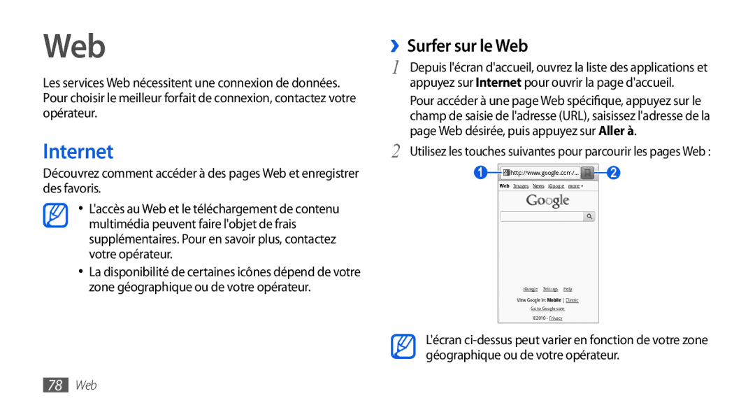 Samsung GT-I5800DKAXEF, GT-I5800DKAVGF, GT-I5800DKASFR, GT-I5800YRKBOG, GT-I5800DKABOG manual Internet, ››Surfer sur le Web 
