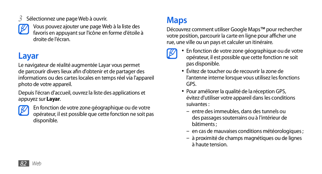 Samsung GT-I5800YRKBOG, GT-I5800DKAVGF, GT-I5800DKASFR manual Layar, Maps, Sélectionnez une page Web à ouvrir, Haute tension 