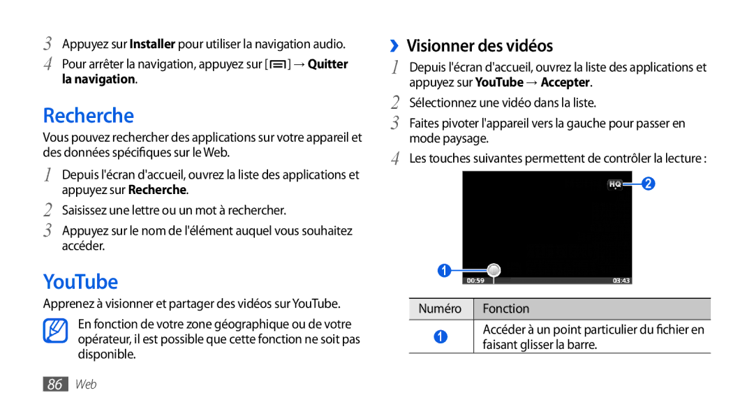 Samsung GT-I5800DKASFR, GT-I5800DKAVGF, GT-I5800YRKBOG manual Recherche, YouTube, ››Visionner des vidéos, La navigation 