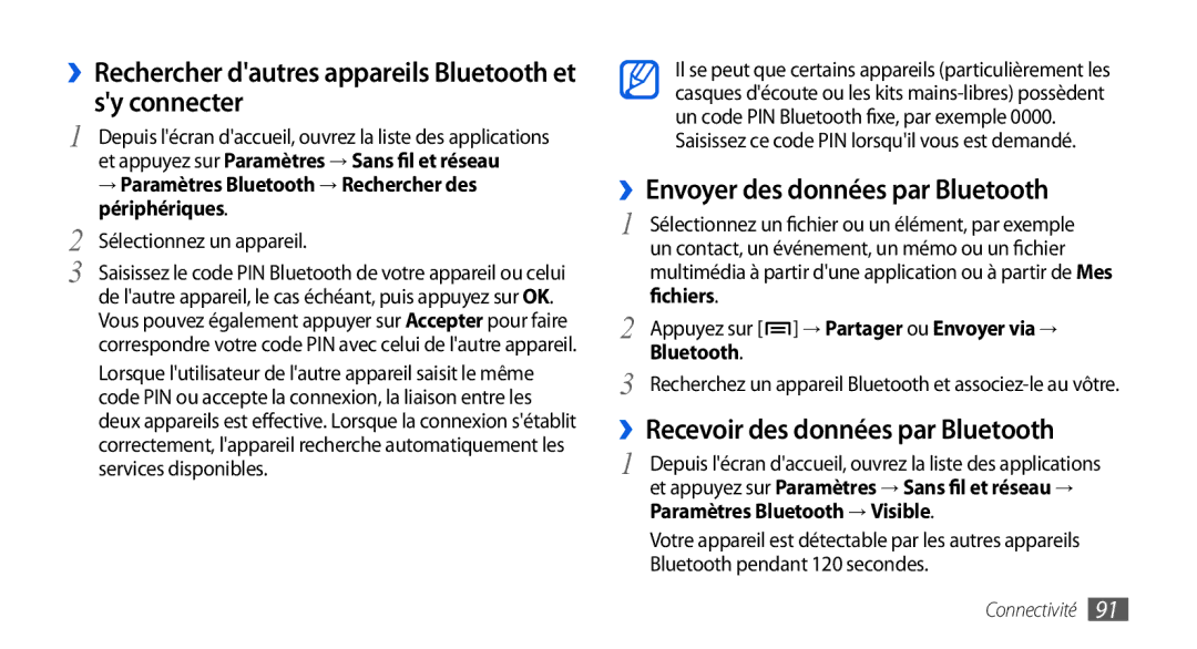 Samsung GT-I5800DKASFR manual ››Rechercher dautres appareils Bluetooth et sy connecter, ››Envoyer des données par Bluetooth 