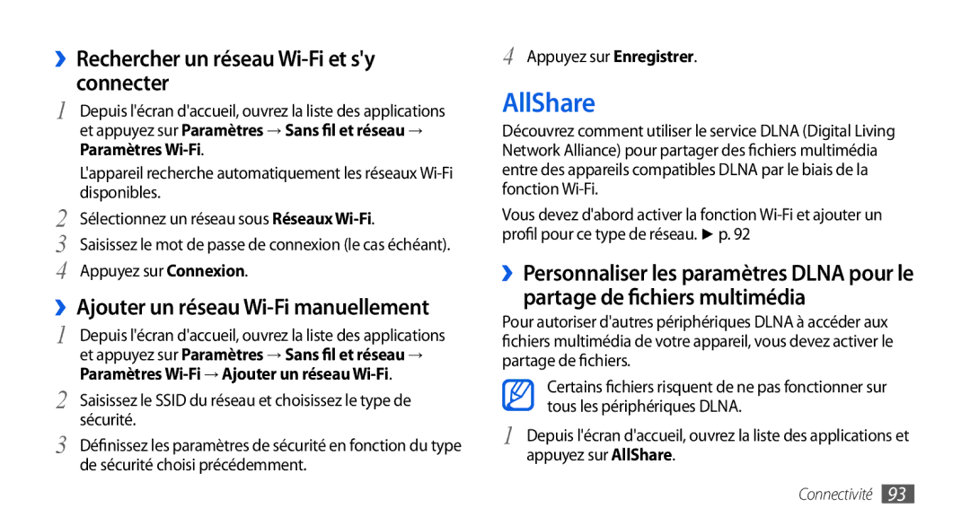 Samsung GT-I5800DKAXEF AllShare, ››Rechercher un réseau Wi-Fi et sy connecter, ››Ajouter un réseau Wi-Fi manuellement 