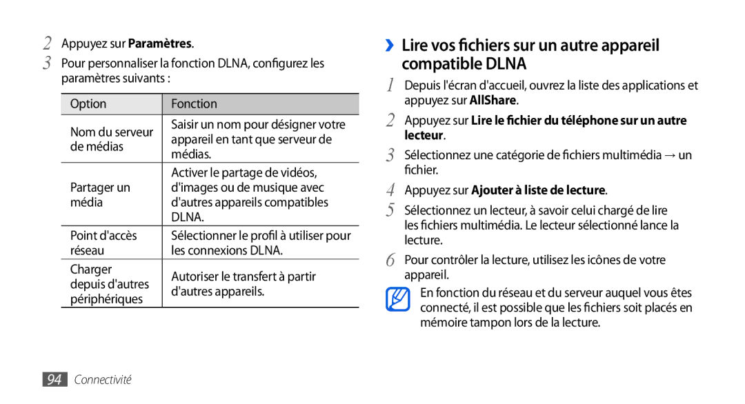 Samsung GT-I5800DKABOG, GT-I5800DKAVGF, GT-I5800DKASFR ››Lire vos fichiers sur un autre appareil compatible Dlna, Lecteur 