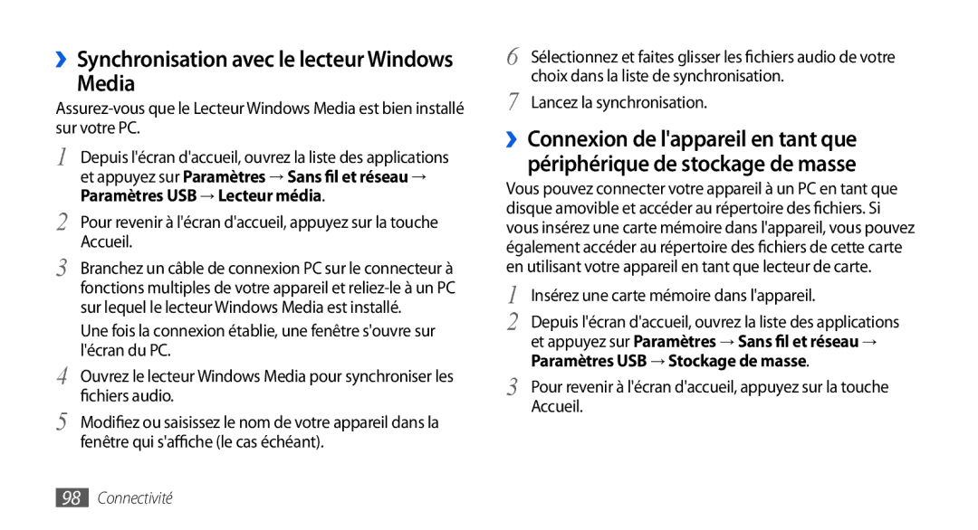 Samsung GT-I5800DKAXEF, GT-I5800DKAVGF Media, ››Synchronisation avec le lecteur Windows, Paramètres USB → Lecteur média 