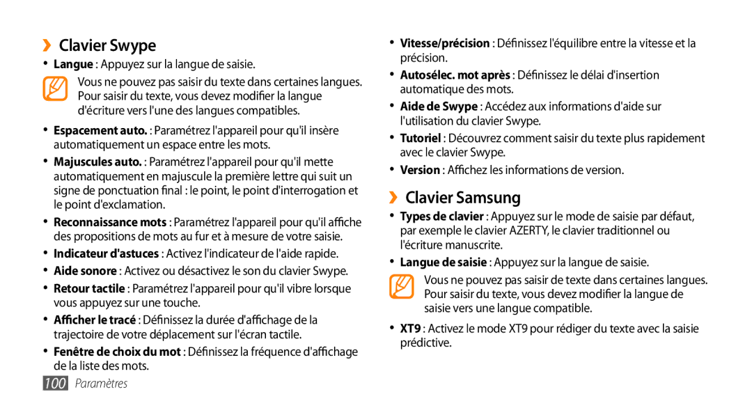 Samsung GT-I5800DKAVGF, GT-I5800DKASFR manual ››Clavier Swype, ››Clavier Samsung, Langue Appuyez sur la langue de saisie 