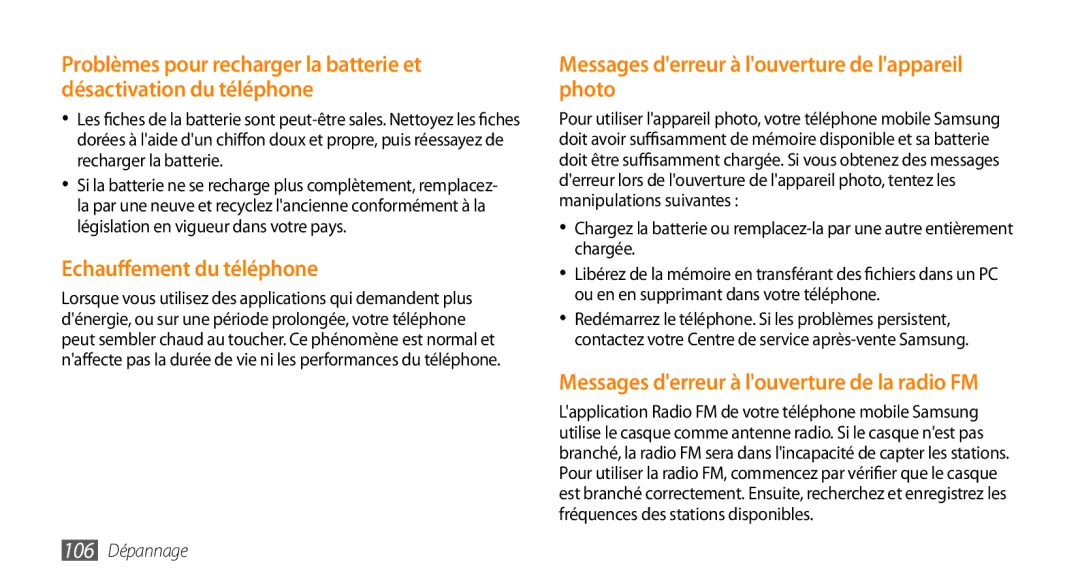 Samsung GT-I5800DKASFR manual Echauffement du téléphone, Messages derreur à louverture de lappareil photo, 106 Dépannage 