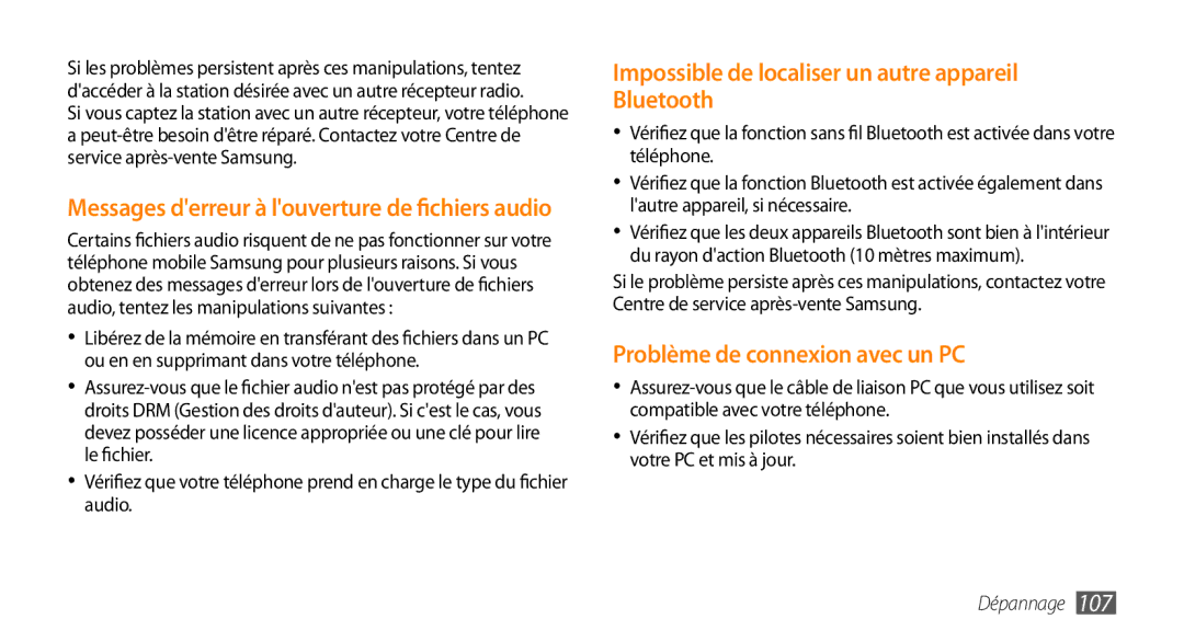 Samsung GT-I5800YRKBOG manual Impossible de localiser un autre appareil Bluetooth, Problème de connexion avec un PC 