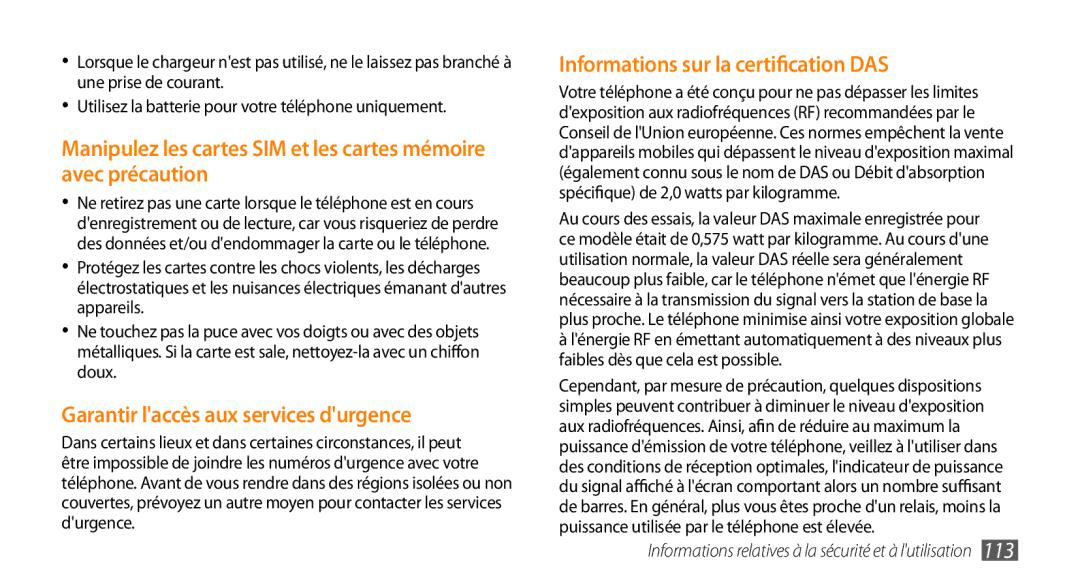 Samsung GT-I5800DKAXEF, GT-I5800DKAVGF manual Garantir laccès aux services durgence, Informations sur la certification DAS 