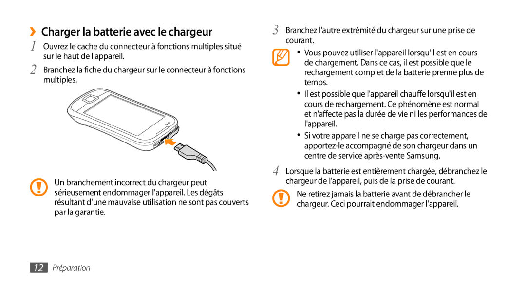 Samsung GT-I5800YRKBOG, GT-I5800DKAVGF, GT-I5800DKASFR manual ››Charger la batterie avec le chargeur, 12 Préparation 