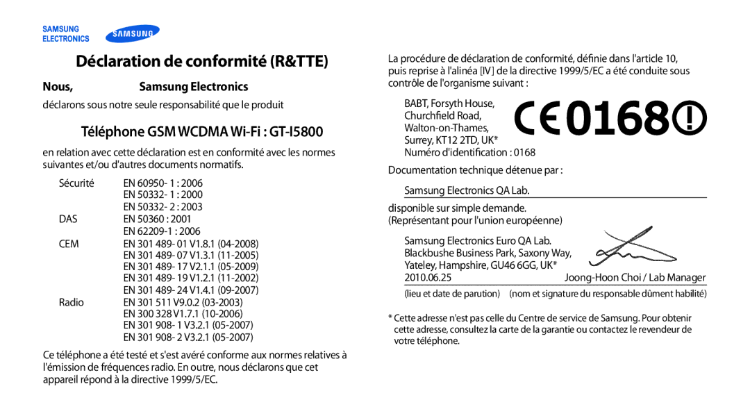 Samsung GT-I5800DKASFR, GT-I5800DKAVGF, GT-I5800YRKBOG, GT-I5800DKAXEF, GT-I5800DKABOG Déclaration de conformité R&TTE, Nous 