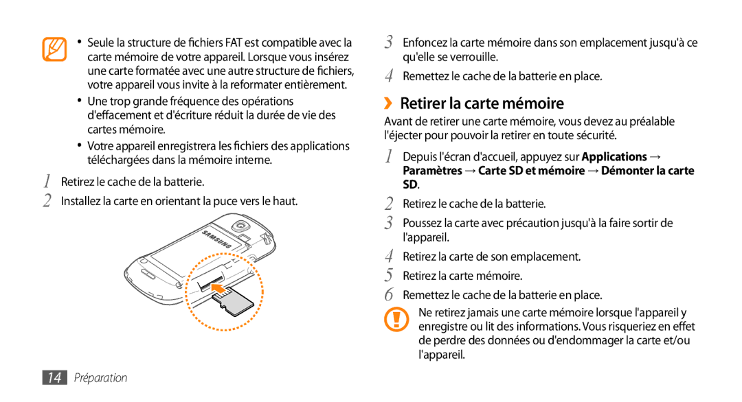 Samsung GT-I5800DKABOG manual ››Retirer la carte mémoire, Lappareil, Retirez la carte de son emplacement, 14 Préparation 