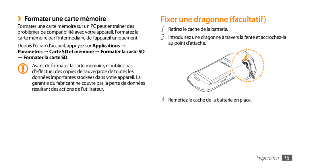 Samsung GT-I5800DKAVGF, GT-I5800DKASFR Fixer une dragonne facultatif, ››Formater une carte mémoire, → Formater la carte SD 