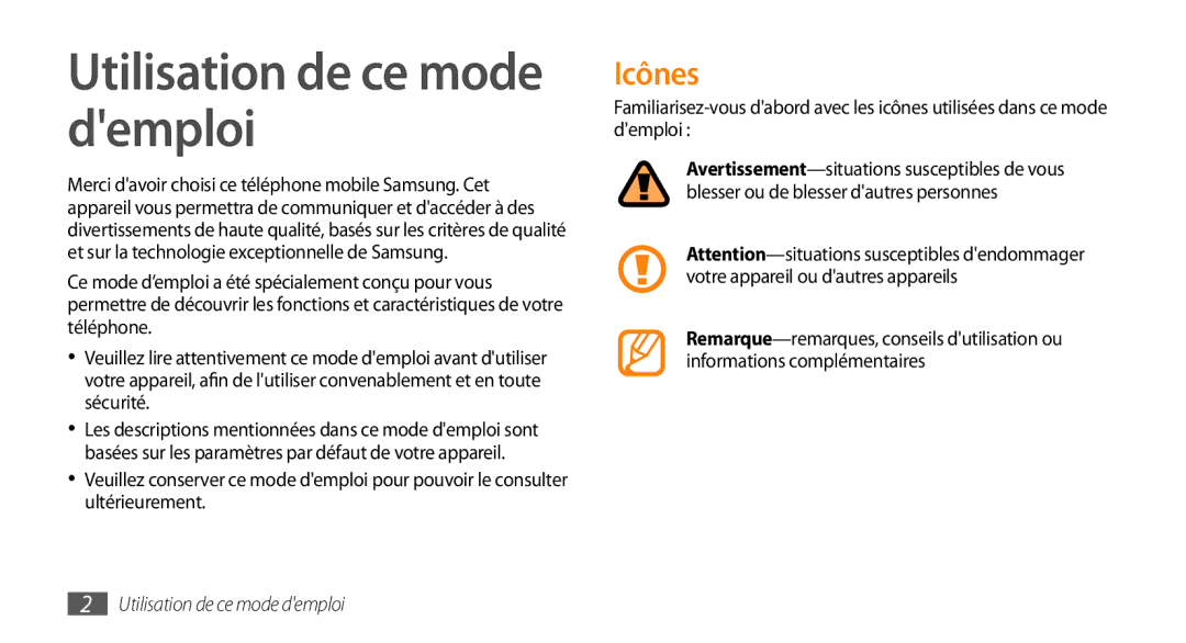 Samsung GT-I5800YRKBOG, GT-I5800DKAVGF, GT-I5800DKASFR, GT-I5800DKAXEF, GT-I5800DKABOG Utilisation de ce mode demploi, Icônes 