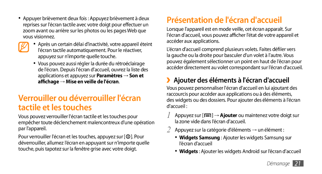 Samsung GT-I5800DKASFR manual Verrouiller ou déverrouiller lécran tactile et les touches, Présentation de lécran daccueil 